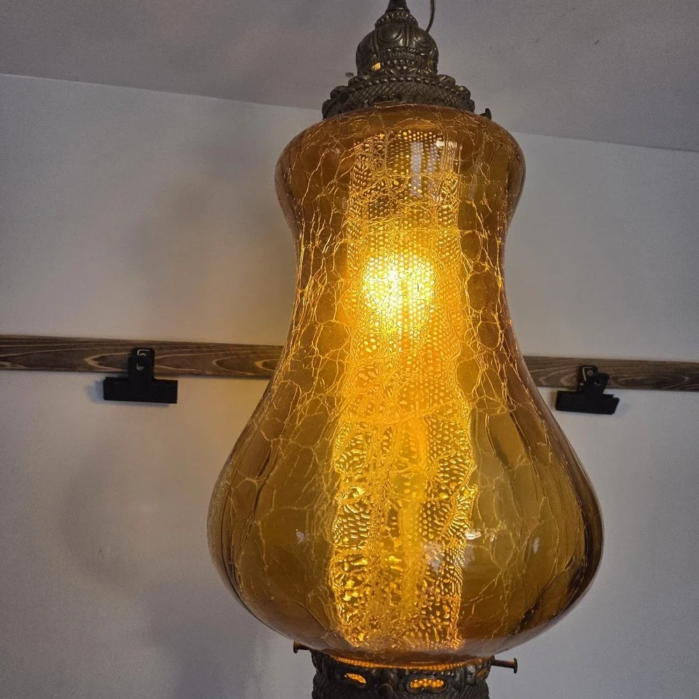 Vintage MCM Amber Crackle Glass Swag Lamp Light Pendant Diffusser